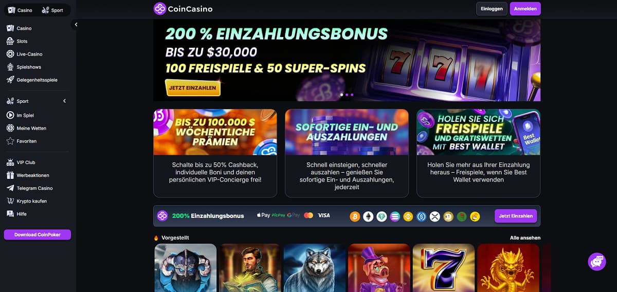 CoinCasino hebt sich als Krypto-lastiges Casino für digitale Ein- und Auszahlungen von der Masse ab. Für Schweizer Spieler, die ausländische online casinos schweiz mit Fokus auf moderne und schnelle Krypto-Transaktionen bevorzugen, ist dies eine erstklassige Anlaufstelle.